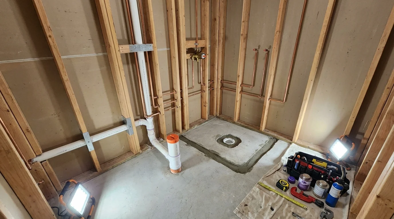 Bathroom rough-in plumbing during remodel by Johns Plumbing LLC in Christmas