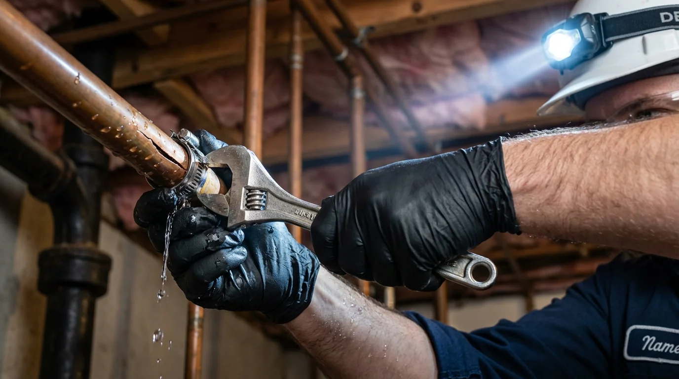 Emergency pipe clamp repair being performed by a Johns Plumbing LLC plumber in Christmas