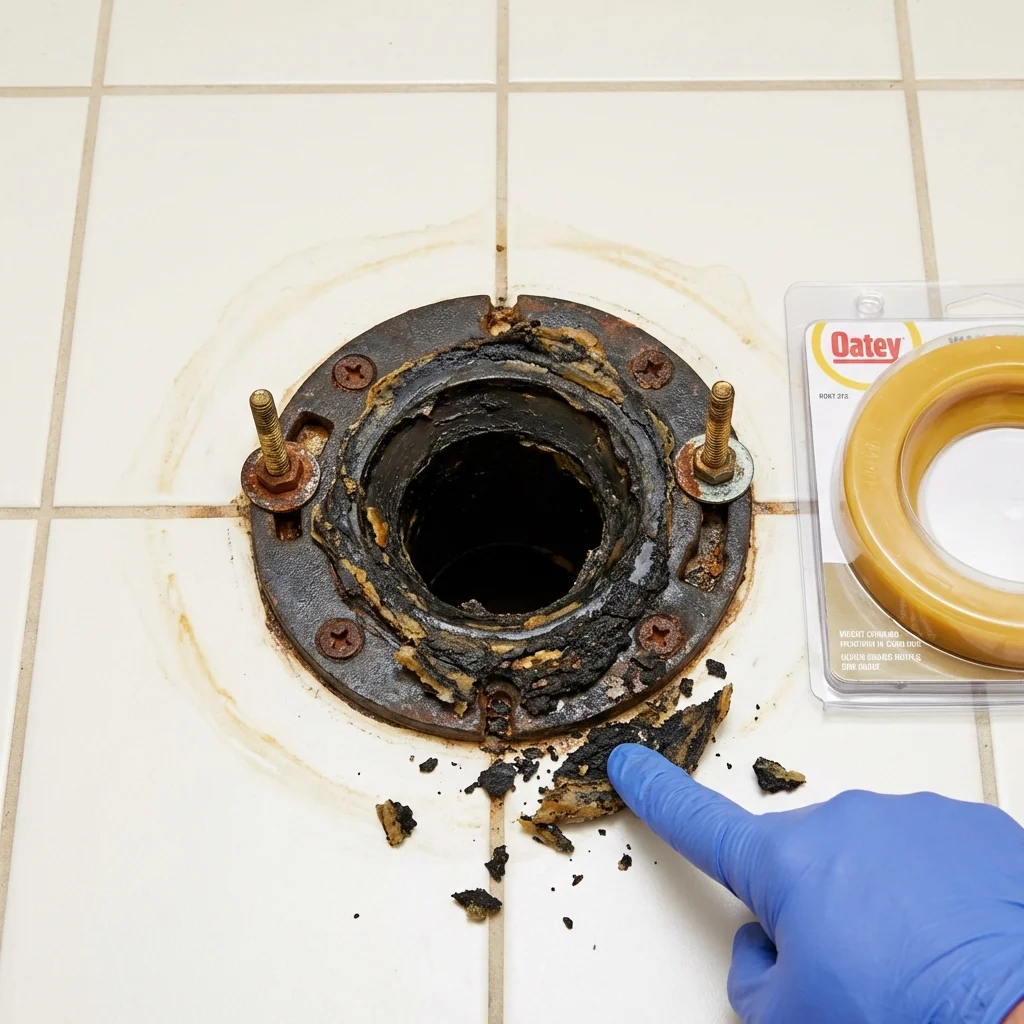 Failed wax ring showing water seepage at the base of a toilet in a Christmas, FL home